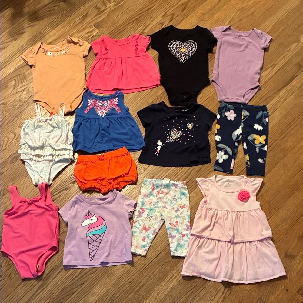 Colorful Baby Clothing Set. Includes Outfits, Tees, Onesies, Leggings, and Dress